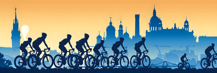 Wall Mural - Cycling festival, silhouette of cyclists on the background of Minsk landmarks, cycling race. Vector illustration