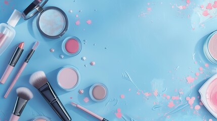 A collection of cosmetic items like blush, foundation, mascara, and lipsticks, arranged on a blue background in a manner that leaves ample copy space for a banner design.
