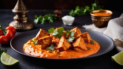 Wall Mural - Essence of Indian Flavors, A Rich Red Curry with Lime, Basil, and Cilantro Accompaniments