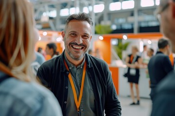 a smiling businessman engages in friendly banter with software developers and tech industry leaders 