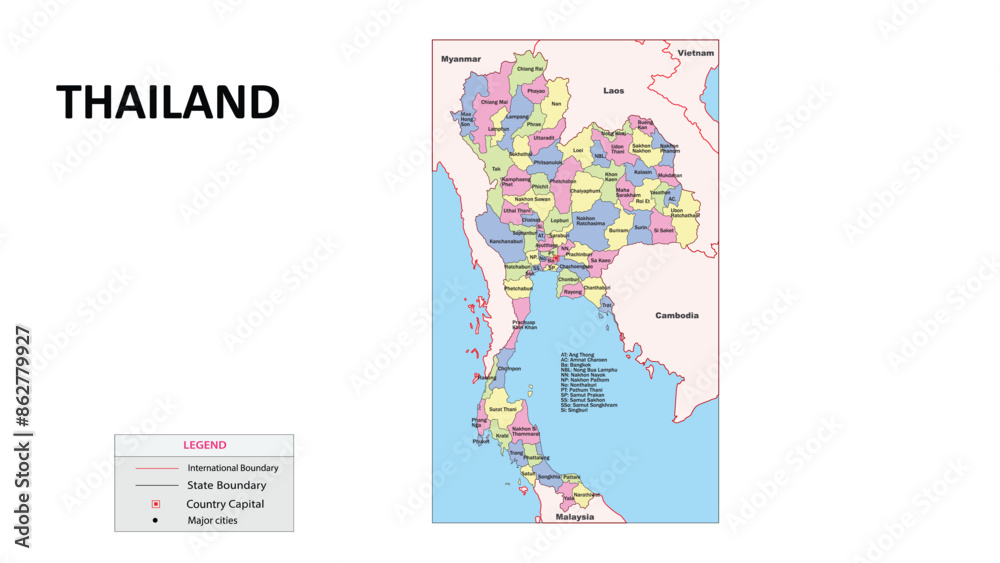 Thailand Map. State and union territories of Thailand with neighbouring