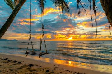 Wall Mural - swinging on a coconut tree on the beach with a beautiful orange sky