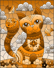 Wall Mural - Stained glass illustration with a rainbow cartoon cat against a sky with clouds, rectangular imag, tone brown