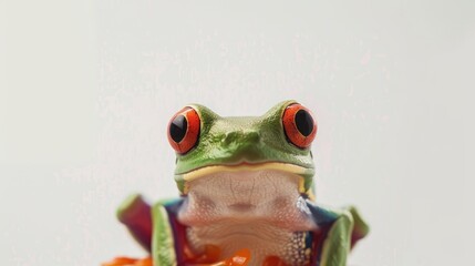 Wall Mural - Red eyed tree frog viewed against white backdrop at nighttime