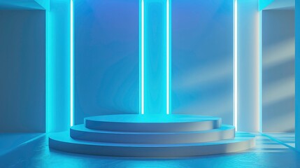 Wall Mural - Beautiful futuristic technological light blue podium with light neon panels for product presentation. Generative AI