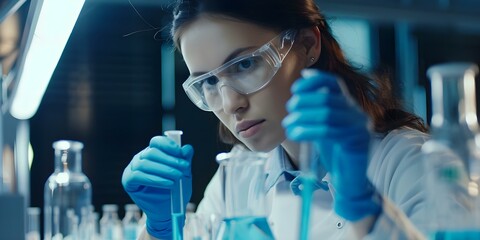 Wall Mural - Scientist in lab analyzing blue substance for medical research and pharmaceutical development. Concept Medical Research, Pharmaceutical Development, Scientist in Lab, Blue Substance Analysis