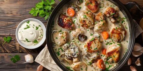 Wall Mural - Chicken fricassee in a Dutch oven with white wine cream sauce. Concept Recipes, Dutch Oven Cooking, Comfort Food, Sauces, White Wine Cream Sauce