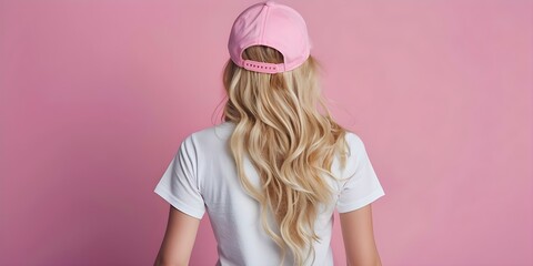 Wall Mural - Woman with long blonde hair wearing a white t-shirt and pink baseball cap with her back to the camera. Concept Portrait, Fashion, Blonde Hair, White T-Shirt, Pink Baseball Cap