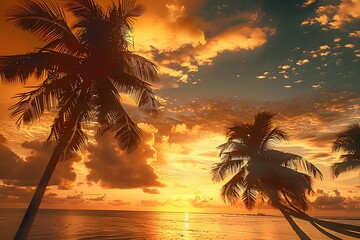 coconut trees by the beach with beautiful sunset and clouds