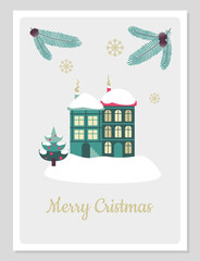 Wall Mural - Christmas card with simple craft decorations in flat vintage style. Cute vector illustration with sweet home concept on winter snowy evening. 
