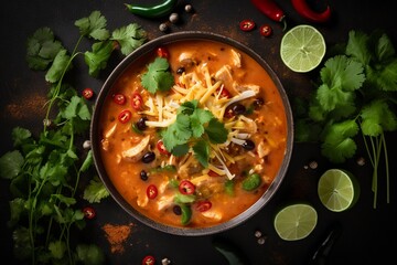 Wall Mural - Bowl of Mexican traditional enchilada soup, top view