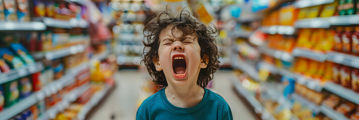 A child throwing a tantrum in a grocery store, surrounded by colorful products, vibrant but chaotic.