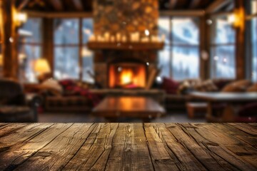 Wall Mural - A wooden table in the foreground with a blurred background of a ski lodge. The background includes cozy seating by a fireplace, ski gear, windows with views of snowy slopes.