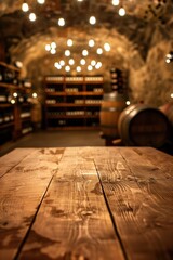 Wall Mural - A wooden tasting table in the foreground with a blurred background of a wine cellar. The background includes rows of wine racks and barrels.