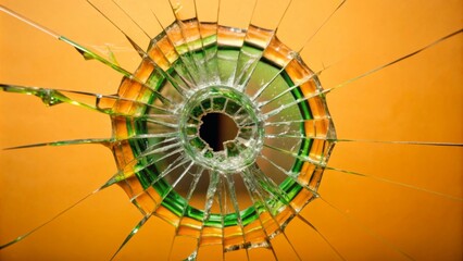 Broken glass on dark background with hole close up