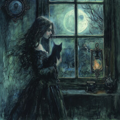 Wall Mural - Halloween, witch with a black cat, mysticism, magic, art, ai generative	