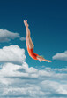 © master1305 - Girl in colorful swimsuit diving into cloud-filled blue sky, creating surreal and imaginative scene blending sport with fantasy. Contemporary art collage. Summer, retro, vacation, creativity concept