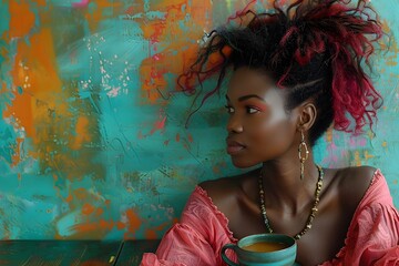 A woman with red hair and a necklace is sitting in front of a green wall