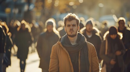 Solitary Man Feeling Detached in Crowded Midday Scene