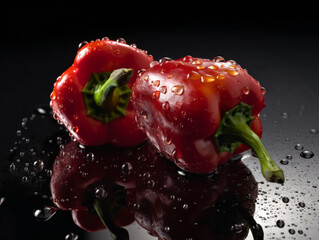 Wall Mural - A red pepper is shown with water droplets on it. The pepper is cut in half and the stem is visible. The image has a moody and dramatic feel to it