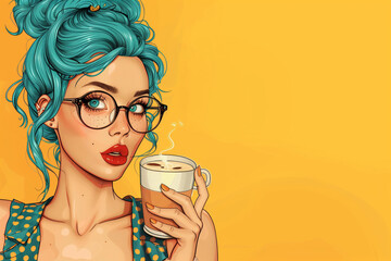 Pop Art girl with coffee cup in glasses with thought bubble. Party invitation. Birthday card. Hollywood, movie star. Comic woman. girl. 