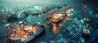 © Anoo - An aerial view of a busy port at night, showcasing cargo ships, cranes, and a network of glowing lines representing global trade connections