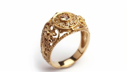 A vintage gold ring with an ornate design and a central gemstone, isolated on a white background, capturing its timeless beauty