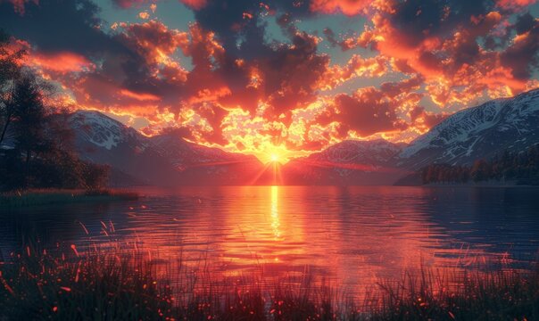 A picturesque sunset over a mountain lake