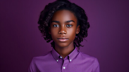 Portrait of a serious, troubled African-American teenage guy with long hair and perfect skin, purple background, banner.