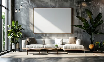 Bright living room with a blank canvas on the wall