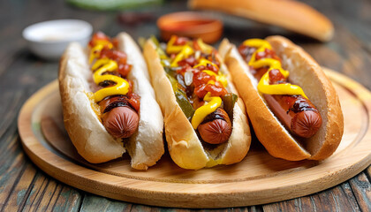 Wall Mural - Sausages in freshly baked buns with sauteed onions, peppers and mustard. Delicious hot dog.