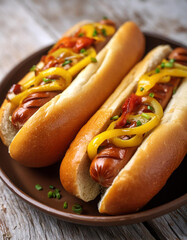 Wall Mural - Sausages in freshly baked buns with sauteed onions, peppers and mustard. Delicious hot dog.