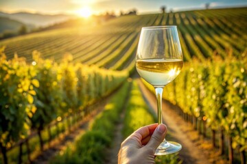 Glass of white chill wine in the hand on a vineyard background