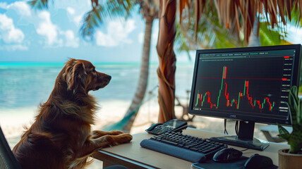 Wall Mural - Photograph of a dog at a tropical beach trading cryptocurrencies. Crypto