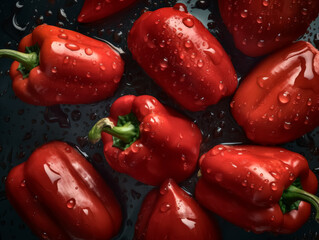 Wall Mural - A close up of red peppers with water droplets on them. The peppers are arranged in a row, with one of them being the tallest. Concept of freshness and natural beauty