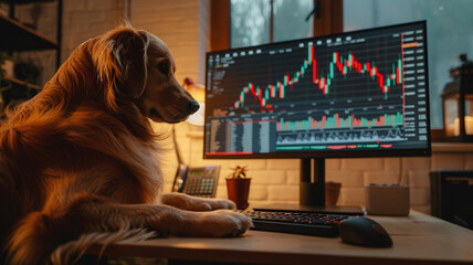 Wall Mural - Photograph of a dog in a livingroom trading cryptocurrencies. Crypto