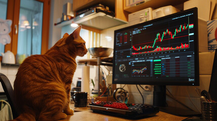 Wall Mural - Photograph of a cat in a livingroom trading cryptocurrencies. Crypto