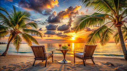 Wall Mural - Luxurious beach scene with empty chairs, side table, and cocktails, set against a breathtaking summer sunset with palm trees swaying.