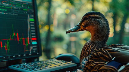 Wall Mural - Photograph of a duck in a park trading cryptocurrencies. Crypto