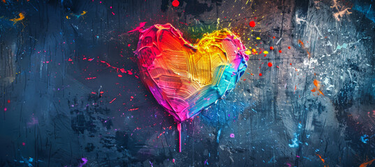 Wall Mural - A vibrant, rainbow-colored heart painted on a dark, textured surface, with drips of paint cascading down