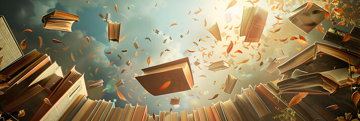 Wall Mural - many books, background with flying books and leaves