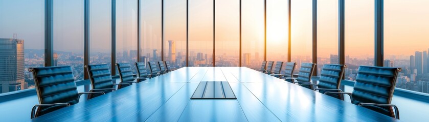 modern conference room with city view at sunset - empty table and chairs, high rise office building, business meeting.