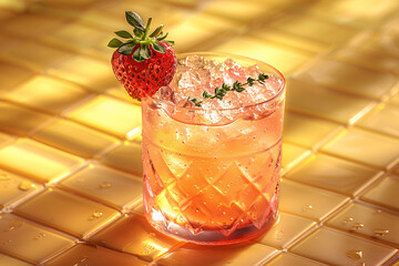 Wall Mural - A refreshing cocktail in a stylish glass, garnished with a fresh strawberry and a sprig of thyme, sits on a sunlit, tiled surface