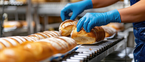 A person wearing blue gloves is putting bread on the conveyor belt at a bakery factory