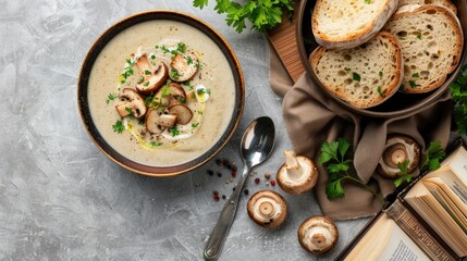 Wall Mural - A bowl of creamy mushroom soup topped with sauteed mushrooms and parsley, served with toasted bread and a side of fresh parsley