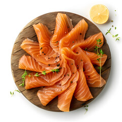 Wall Mural - Smoked salmon on wooden plate top view isolated on white background