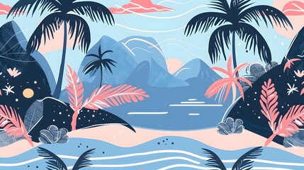 Wall Mural - Stylish Summer Vacation Seamless pattern. Landscape, Modern Palm trees , Mountain beach and ocean vector hand drawn style ,Design for fashion , fabric, textile, and all prints