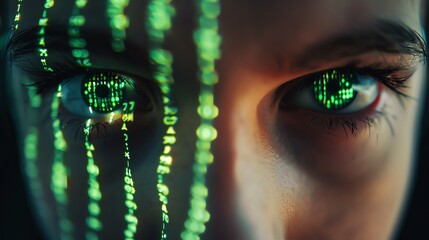 Detailed closeup of hackers eyes reflecting computer screen with lines of code