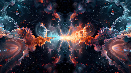 Futuristic galaxy explodes in multicolored chaos, a surreal computer illustration  ,Abstract color swirls on black background.
