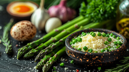 Wall Mural - A plate of green asparagus is surrounded by herbs and spices. The plate is on a black background